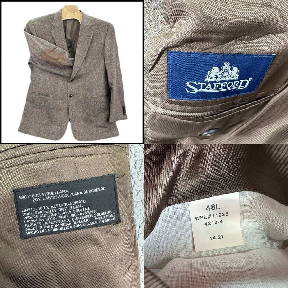Stafford Blazer Mens 48L Brown Tweed Lambswool/Wool Blend Suede Elbow Patches